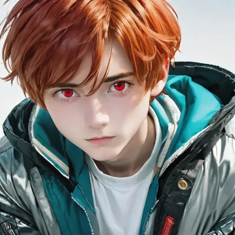 best quality, masterpiece, solo, 1boy,red hair, futuristik, jacket,  red eyes, white beckground, full faces