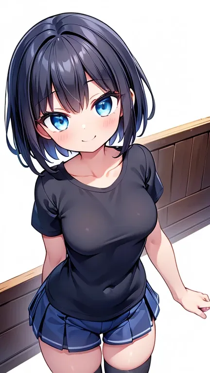 Highest quality,wonderful,finely,Highly detailed CG Unity 8k wallpaper, (1 Girl,Black Hair, blue eyes,short hair, Double Bang), (Small breasts:1.2), (Black T-shirt:1.1),  (clavicle:1.1), Shorts、Smiling Kindly、smile、 (Mouth「or」Open in the form of pronunciat...