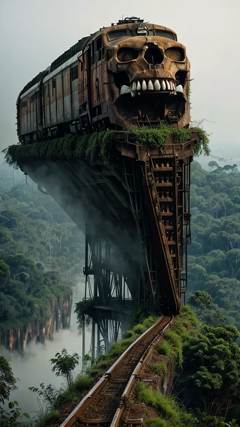 a rusty long train with a lion skull, in the amazon jungle, on the highest cliff, fog, details, hyperrealistic, 16k