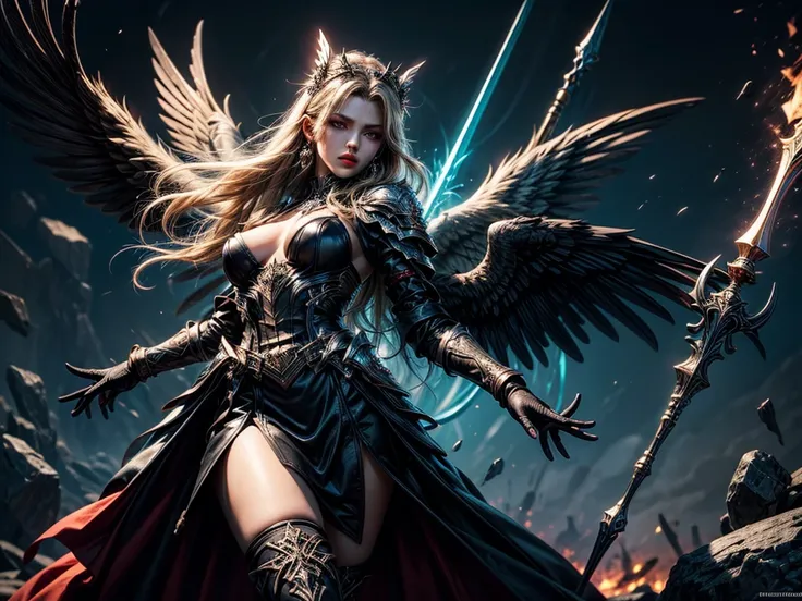 In the middle of the burning battlefield filled with broken swords and dead sodiers stand beatiful female fallen angel with black wings , she have beautiful face her eyes is golden yellow she have dark red lipstick and black eyeshadows she have piersing ri...