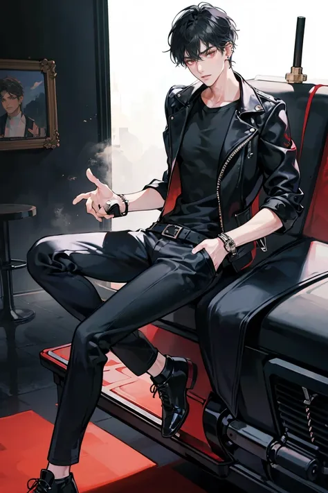 (masterpiece), best quality, seductive eyes, perfect face, handsome man, red eyes, short messy black hair, long nose, plain black t-shirt, black fitted pants, black leather jacket, full body, extremely tall man, long legs, long calves, anime cover, 1boy, e...