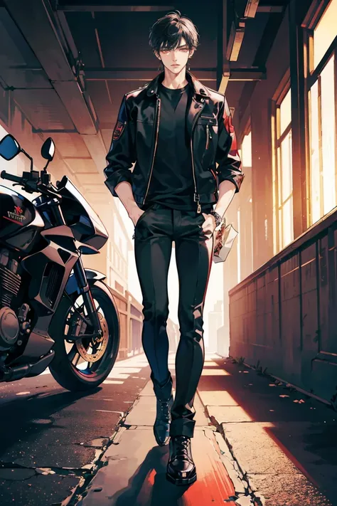 (masterpiece), best quality, seductive eyes, perfect face, handsome man, red eyes, short messy black hair, long nose, plain black t-shirt, black fitted pants, black leather jacket, full body, extremely tall man, long legs, long calves, anime cover, 1boy, e...