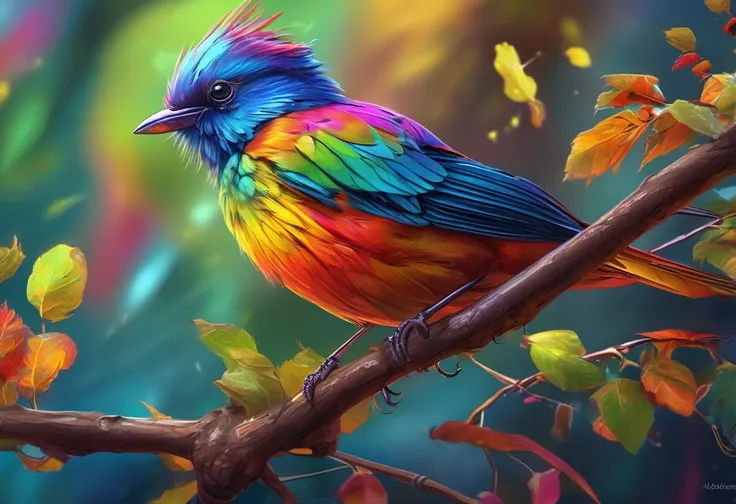 A brightly colored bird perched on a branch with leaves in the background, a digital painting by Alexander Kucharsky, Trend with poly count, Fantasy art, Colorful 8 k, Highly detailed digital art in 4K, Beautiful digital painting, Long colorful bird, Beaut...