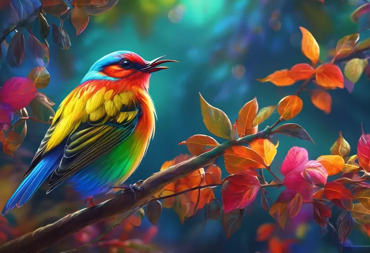 A brightly colored bird perched on a branch with leaves in the background, a digital painting by Alexander Kucharsky, Trend with poly count, Fantasy art, Colorful 8 k, Highly detailed digital art in 4K, Beautiful digital painting, Long colorful bird, Beaut...