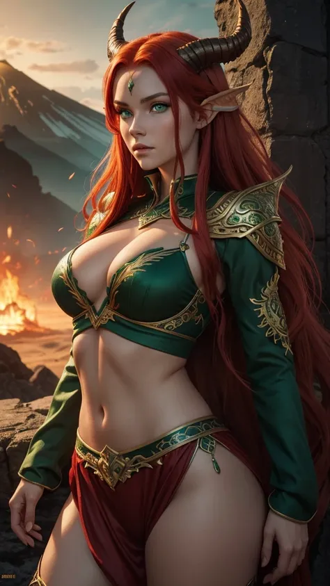 Best quality, cinematic image, detailed image, fantasy, detailed face, detailed beautiful green eyes, Slavic appearance, Beautiful woman, high, Red Dragon, mythical creature, very long lush red hair, Flaming hair, horns, athletic build, dancer outfit, volc...