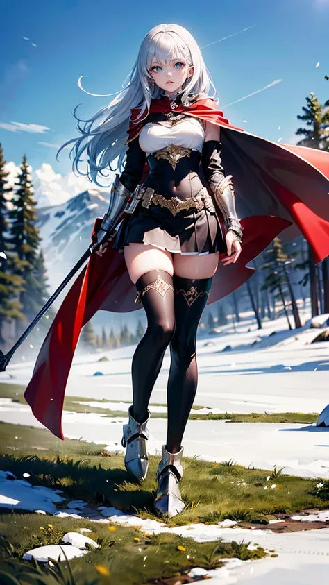 One girl fighting，17 years old，Blonde long hair，Green Eyes，Silver metal armor，pleated micro mini skirt，Thigh-length silver metal boots，Big red cape，white thigh high stockings，Beautifully decorated long sword，((Perfect beautiful girl))，((Slim figure))，Silve...