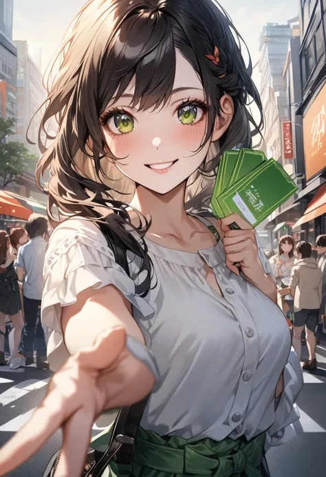 Realistic photos、Cute Japanese woman in Korean idol style、Wearing a white blouse、Holding a plain green card in his right hand、smile、The background is the downtown area of Ginza