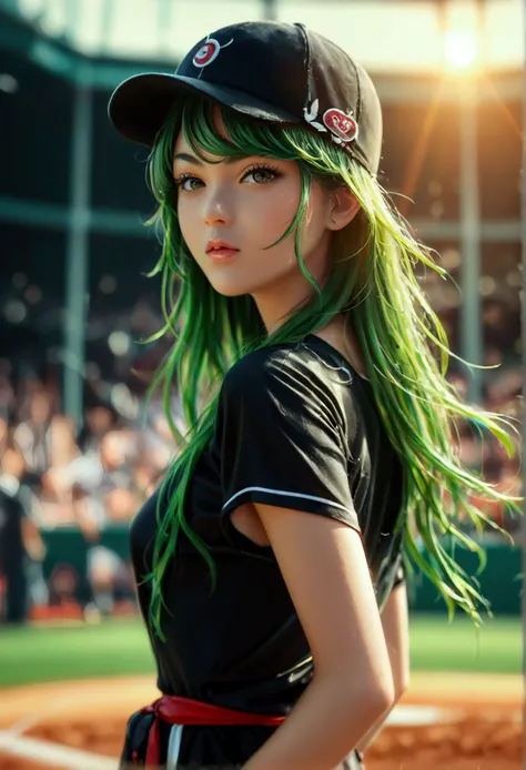 a beautiful japanese woman (tatsumaki,black dress, green hair) in a baseball cap pitching a ball, dynamic pitching pose, crowd c...