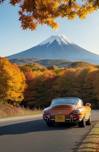 The season is autumn、Autumnal maple leaves are fluttering here and there、In the background is Mount Fuji with a little snow and a clear autumn sky.。There is a winding road leading to Mount Fuji.、A yellow vintage Porsche Speedster 365 parked on the road、