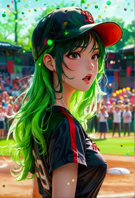 A beautiful Japanese woman (Tatsumaki,black dress, green hair) in a baseball cap pitching a ball, dynamic pitching pose, crowd cheering in the background, bokeh effect, anime style, highly detailed, intricate, vibrant colors, cinematic lighting, photoreali...