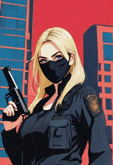 Blonde girl with black mask covering her entire face in black uniform and a gun in her hand, blue background with a big building 