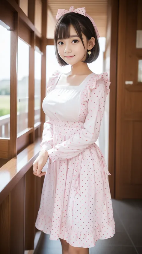 (Pink luxury maxi long dress, Long Sleeve Ruffled, White maid apron, White prim head), (スカートをたくし上げる with Panty shots with a polka dot pattern:1.3), (full length, whole body), (black hair, 16 years old, (slim waist and large breasts style, short height:1.2)...