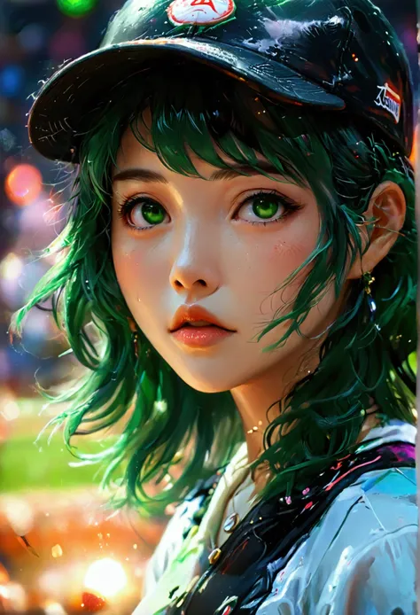 A beautiful Japanese woman (Tatsumaki,black dress, green hair) in a baseball cap pitching a ball, dynamic pitching pose, crowd cheering in the background, bokeh effect, anime style, highly detailed, intricate, vibrant colors, cinematic lighting, photoreali...