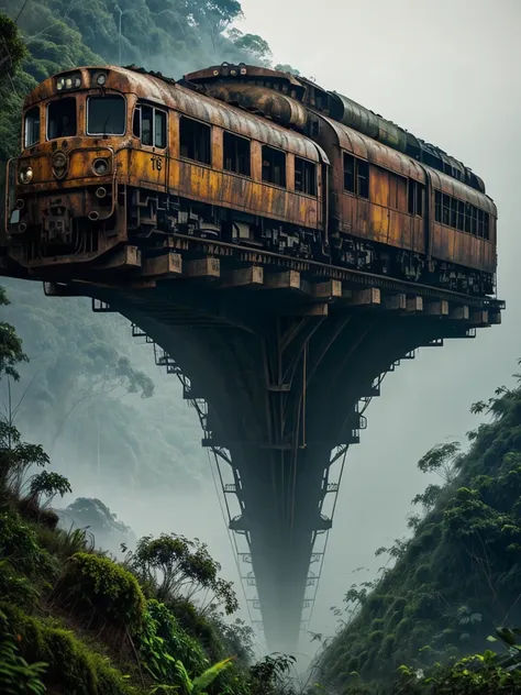 a rusty long train with a lion skull, in the amazon jungle, on the highest cliff, fog, details, hyperrealistic, 16k