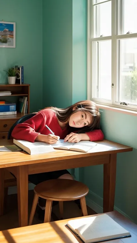 A woman studying for a test in a bright room。She goes to the desk、Textbooks and notebooks、Colorful markers are spread out。He was writing in his notebook with a concentrated expression.、There is a coffee cup on the desk。Soft natural light pours in through t...