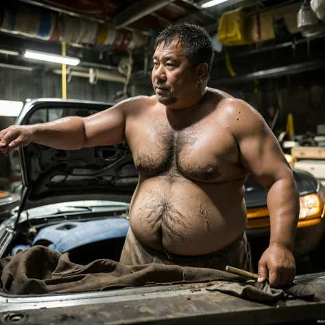 Man, Asian, Fat, Chubby, 50 years old, take of shirt, Shirtless, car mechanic, working in a car repair shop, covered in oil, Wet, Stain, Dirty of Oil, realistic image, sharp 8K, beautiful lighting.