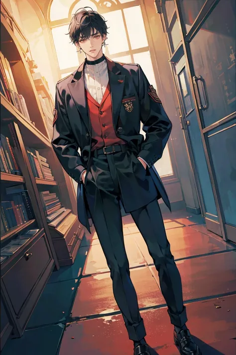 (masterpiece), best quality, seductive eyes, perfect face, handsome man, red eyes, short messy black hair, long nose, black high-school uniform , full body, extremely tall man, long legs, long calves, anime cover, 1boy, ear piercings, hands in pockets, adu...