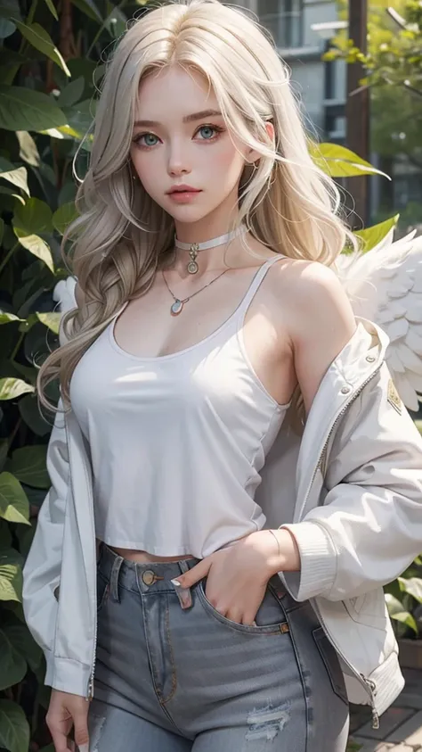 One girl, Medium chest, Blonde, Long Hair, Wavy Hair, Grey Eyes, White Feather Wings, Angel, Outdoor, White jacket, choker, Tank top, jeans