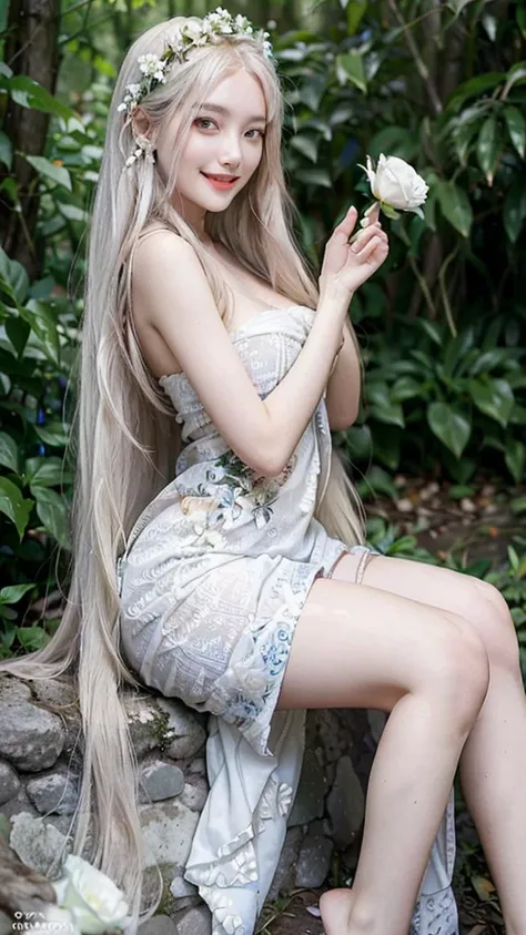 Long white hair, blue eyes, serious features, white skin, beautiful teeth smile, smiling, open mouth, loose style, in a garden, with flowers , in the forest ,jeju Korea, half body, She held a white rose in her hand