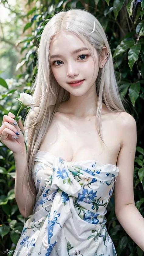 Long white hair, blue eyes, serious features, white skin, beautiful teeth smile, smiling, open mouth, loose style, in a garden, with flowers , in the forest ,jeju Korea, half body, She held a white rose in her hand