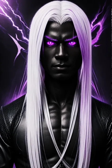 Black demon with white hair and purple eyes and an aura of death 