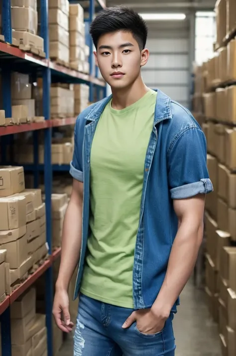 ((realistic daylight)) , Young Korean man in only a green t-shirt, no pattern. (Denim coat)  Jeans, A handsome, muscular young Asian man looks at the camera. In a simple t-shirt blue and red , Along the warehouse ,turn sideways