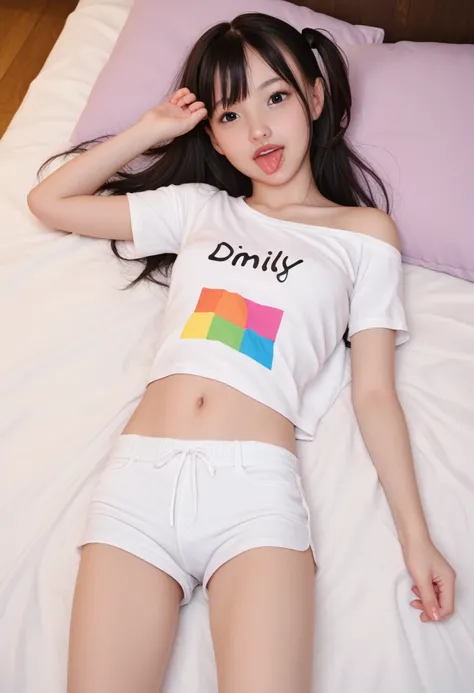 pastel colors t-shirt,off-shoulder look,bare shoulder,ollarbone,midriff peek,short shorts,,(open mouth:1.5),(tongue out:2),lying,overhead shot,front view,face focus,(1girl,Beautiful 14 year old girl,teenager),((Slender,Small breasts,Small face,)),(looking ...