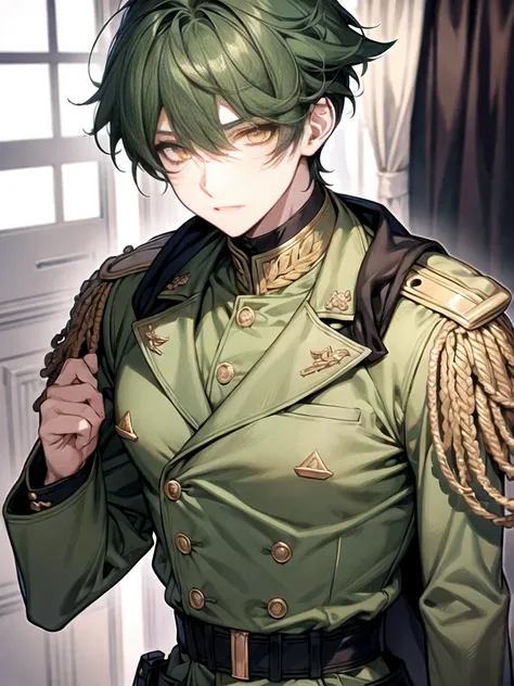 1boy, dark green hair, yellow eyes, double-breasted military jacket, crossdressing, fighter