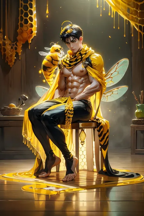 (8K, RAW photos, Highest quality) masterpiece, 1 male, 18 years old, bee man, black hair, good body, black and yellow mottled skin.   Body covered in honey.  has bee antennae on head ((real) , has bee wings. ,Asian muscular man,, outlines his big, muscular...