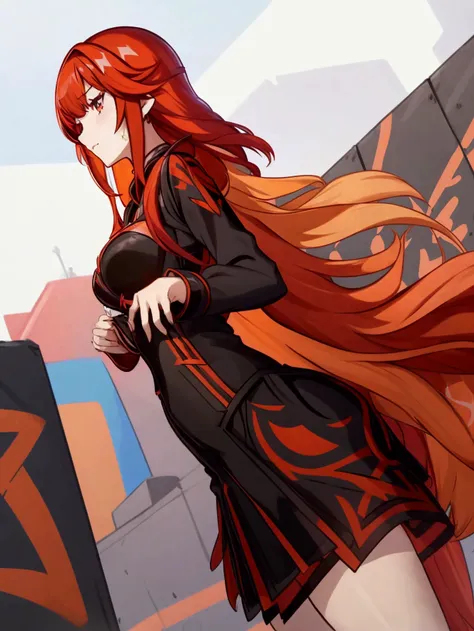 Anime girl with red hair and black skirt in front of graffiti wall, Long hair动漫女孩, She has long reddish-orange hair., Attractive anime girl, Anime girl in black dress, Beautiful anime girl, Charming anime girl, Beautiful anime woman, 红色及腰Long hair, Anime s...