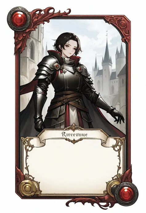 A card border UI，Medieval European fantasy style，Suspense style，Profile Style。Leave a square blank space in the middle，Parchment backing。Black and White、yellowish、Dark red main color，Black undertone。