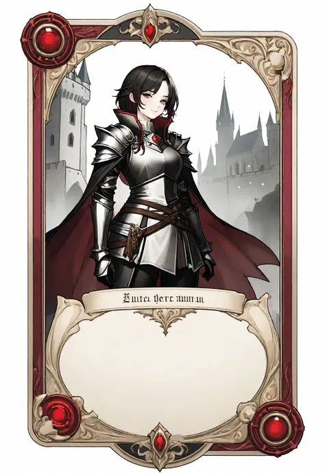 A card border UI，Medieval European fantasy style，Suspense style，Profile Style。Leave a square blank space in the middle，Parchment backing。Black and White、yellowish、Dark red main color，Black undertone。