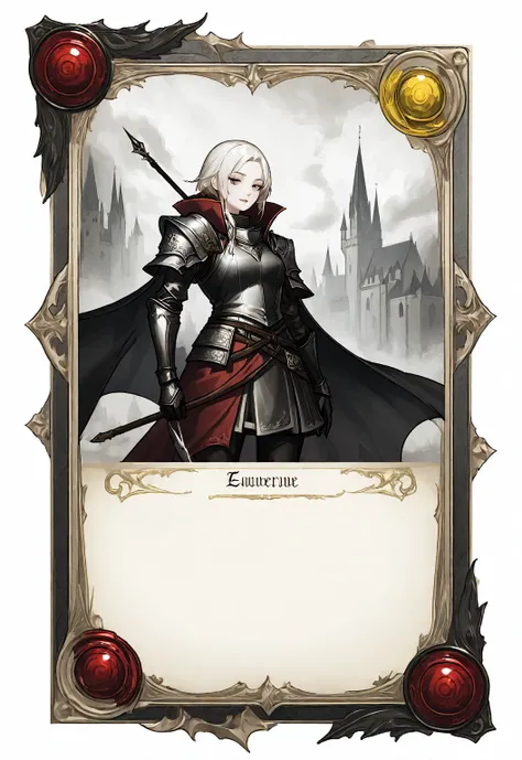 A card border UI，Medieval European fantasy style，Suspense style，Profile Style。Leave a square blank space in the middle，Parchment backing。Black and White、yellowish、Dark red main color，Black undertone。