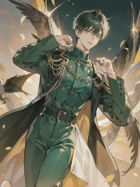 1boy, dark green hair, yellow eyes, double-breasted military jacket, crossdressing, fighter