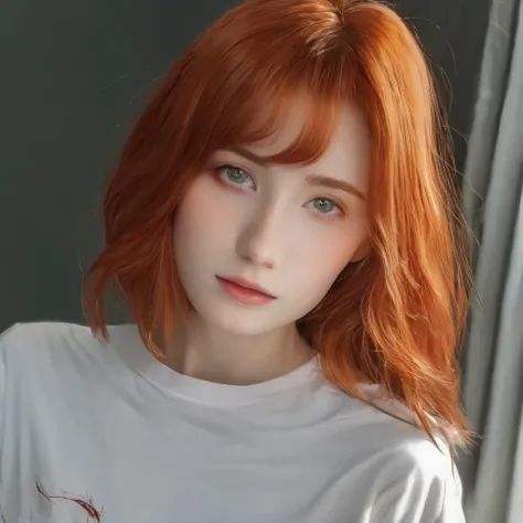 best quality, masterpiece, solo, 1girl, red hair, shirt,  red eyes, black beckground, full faces