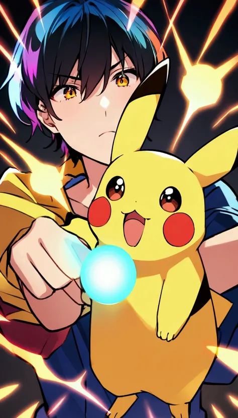 Create an image of Pikachu, Make him an adult、Cute boy and Pikachu