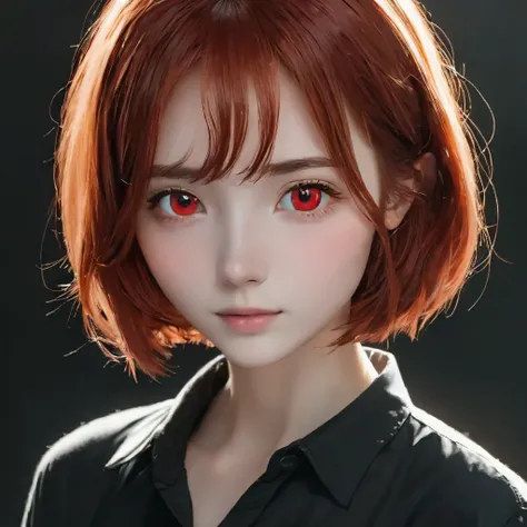 best quality, masterpiece, solo, 1girl, red hair, shirt,  red eyes, black beckground, full faces