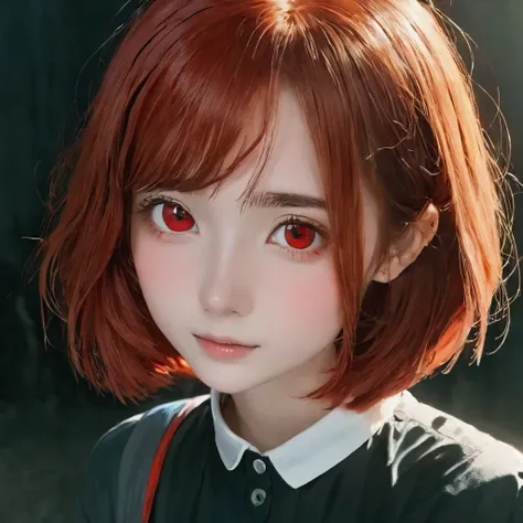 best quality, masterpiece, solo, 1girl, red hair, shirt,  red eyes, black beckground, full faces