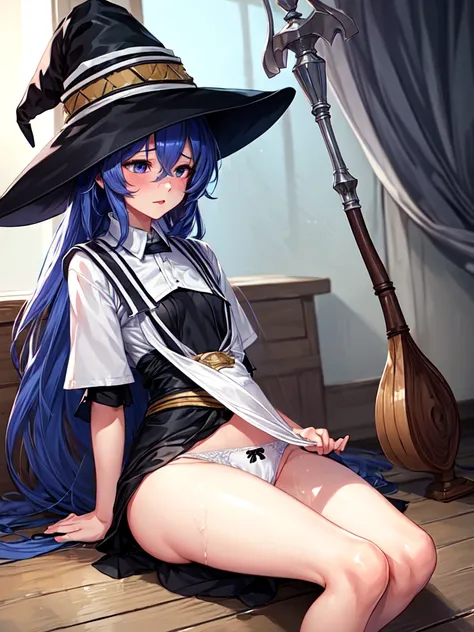 (masterpiece, Highest quality), One girl, roxy migurdia(Mushoku Tensei), One girl, alone, Small breasts, Long Hair, Blue Hair, Witch Hat, Magic Runs Out, Weakness, White panties, Black Ribbon, defenseless, Masturbation with a cane