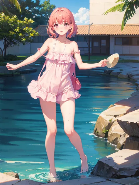 random patterned swimsuit、random patterned swimsuit,swimsuit,blushing、medium hair、pink hair、pale pink eyes　、head to toe full bod...