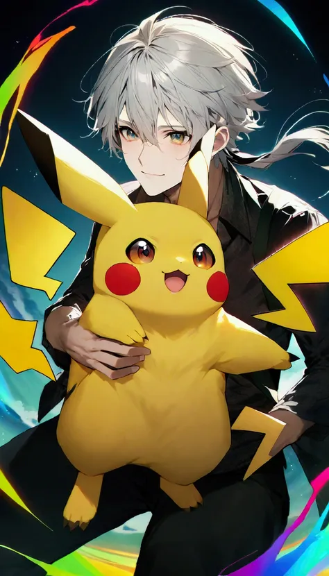 create an image of pikachu, make him an adult、cute boy and pikachu、high resolution、beautiful