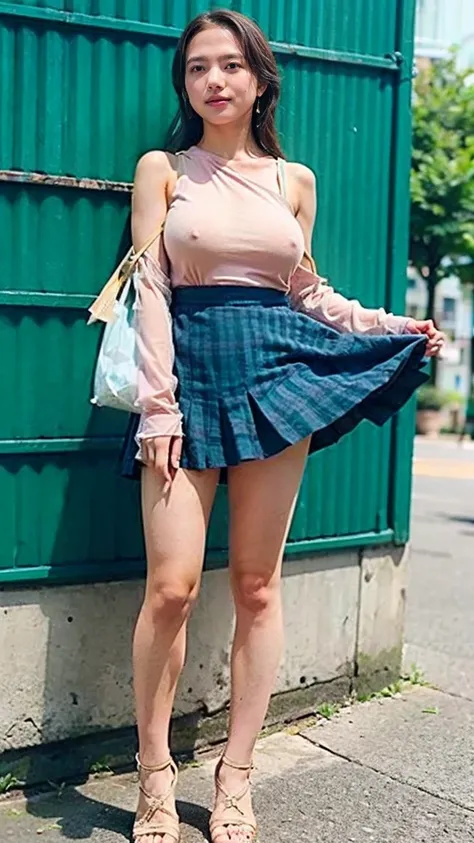 (((Big Breasts:1.52)))、((Viewing angle from below、Highest quality、masterpiece、32k、Every detail))、Descend the outdoor stairs、commute、Systemic symptoms、Very tight camisole、Pleated skirt、(((A strong wind blows my hair and skirt away:1.62)))、((The shoulder str...