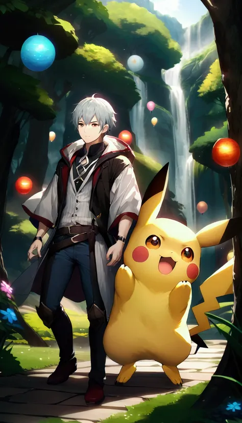 Create an image of Pikachu, Make him an adult、Cute boy and Pikachu、high resolution、beautiful