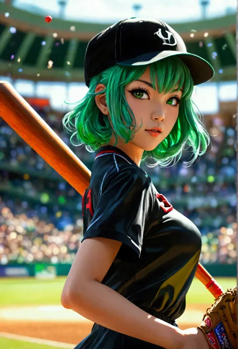 A beautiful Japanese woman (Tatsumaki,black dress, green hair) in a baseball cap pitching a ball, dynamic pitching pose, crowd cheering in the background, bokeh effect, anime style, highly detailed, intricate, vibrant colors, cinematic lighting, photoreali...