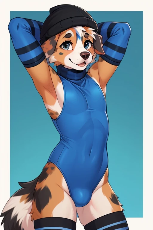 ((SFW)) ((18, cute, furry, Australian Shepherd dog boy femboy wearing a blue long sleeve turtleneck leotard with exposed shoulders and a bulge, black beanie, and black and blue striped thigh-high socks, best quality)) ((hands behind head))