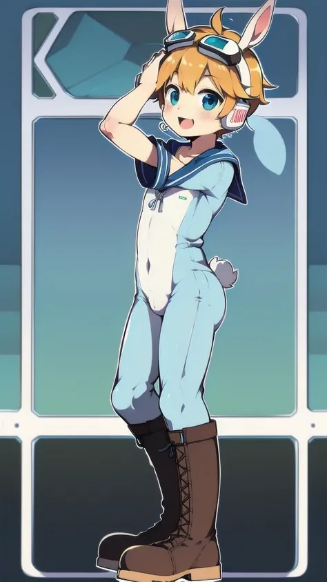 2D Shonen Shota，One-piece suit，Slim, healthy body，Put the headphones on your head，stand up，goggles，Rabbit ears，Happy，Sailor collar，boots