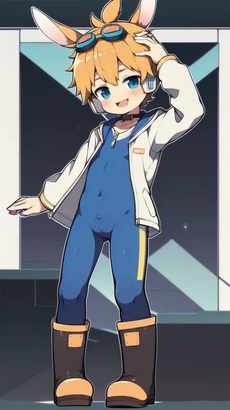 2D Shonen Shota，One-piece suit，Slim, healthy body，Put the headphones on your head，stand up，goggles，Rabbit ears，Happy，Sailor collar，boots