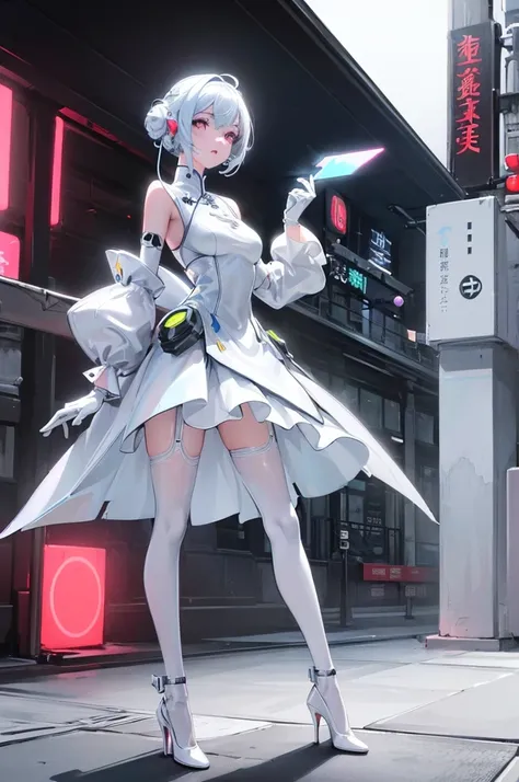 (Blind Box Spielzeug Stil:1.2),full body, solo,white background,(A female robot in a transparent white jasmine dress, wearing gloves and high heels),(Chinese color,Very colorful), Cyberpunk, Dreamy Glow, Luminous neon lamp, 3D