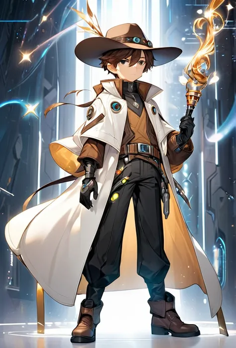  a man character in a futuristic, Western-inspired outfit. The character wears a white and brown long coat with black pants and knee pads. Accessories include a wide-brimmed hat, gloves, and a belt. The characters attire suggests a blend of cowboy and high...