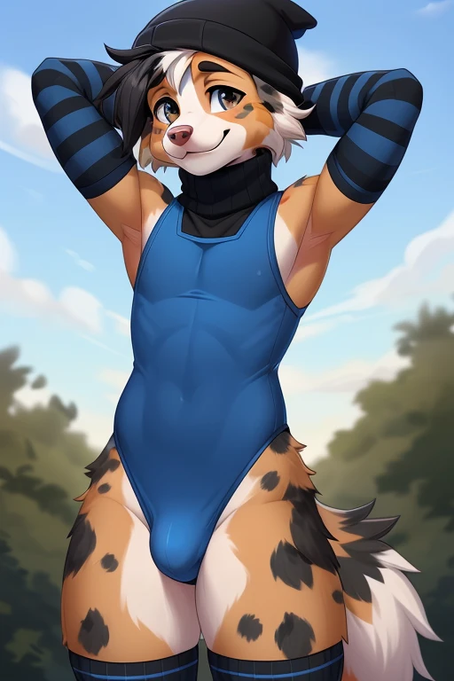 ((SFW)) ((18, cute, furry, Australian Shepherd dog boy femboy wearing a blue sleeveless turtleneck leotard a bulge, black beanie, and black and blue striped thigh-high socks, best quality)) ((hands behind head)) ((exposed hips)) 